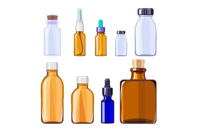 Glass medical bottles. Isolated glass containers and bottles for medic