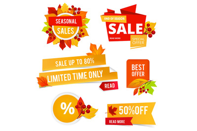 Badges of autumn sales. Various stickers or labels of autumn sales