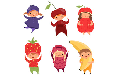 Fruits costumes. Carnival clothes for children. Funny kids in fruit fa