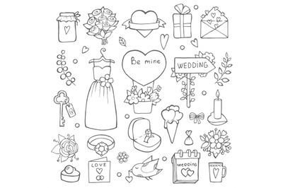 Various wedding day symbols. Vector hand drawn illustrations of weddin