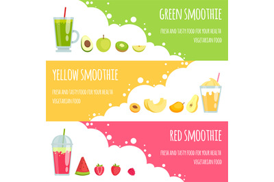 Summer smoothie. Horizontal banners of various smoothie drinks