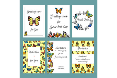 Cards with butterflies. Design template of cards invitation with illus