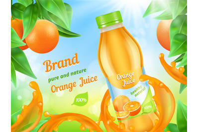 Juice advertizing poster. Realistic illustration of juice fruits plast