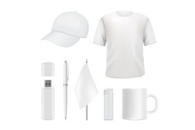 Souvenirs templates. Promotional branding gifts empty elements. Blank