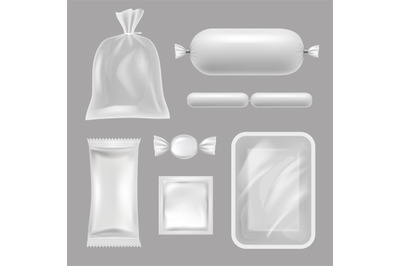 Empty food packages. Vector realistic pictures of polyethylene package