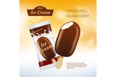 Chocolate ice cream poster design. Realistic pictures of chocolate adv