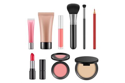 Cosmetic packages. Various realistic pictures of cosmetics for women