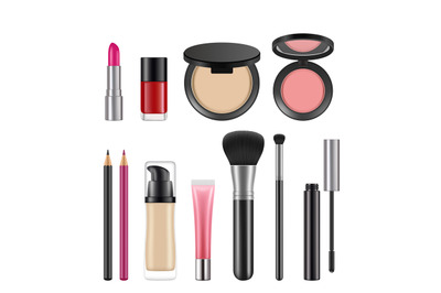 Cosmetics for women. Vector pictures of various cosmetics packages