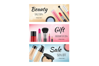 Banners of cosmetics. Design template of horizontal banners with illus