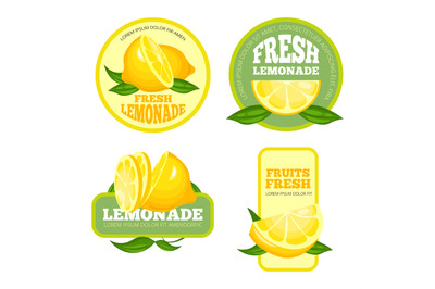 Lemonade badges. Lemon juice or fruit syrup lemonade vector labels or