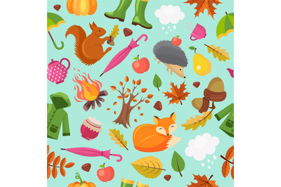 Autumn animals pattern. Forest fall cute fox hedgehog and orange squir