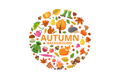 Autumn collection circle. Fall branch animals and orange yellow leaves