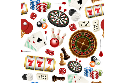 Casino pattern. Poker cards doodle domino bowling darts roulette check