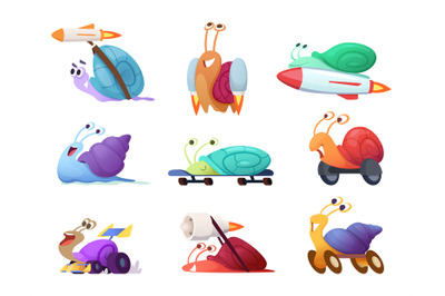 Fast cartoon snails. Business concept characters of competitive quick