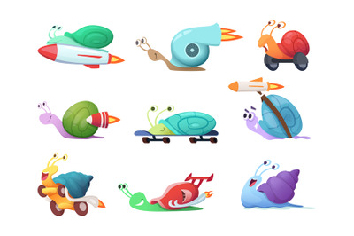 Snails cartoon characters. Slow sea slug or caracoles vector illustrat