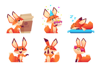 Cute fox character collection. Wild orange animal at forest in various