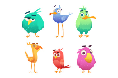 Cartoon funny birds. Faces of cute animals colored baby eagles happy b