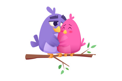 Love bird couples. Male and female animals cute birds sitting on branc