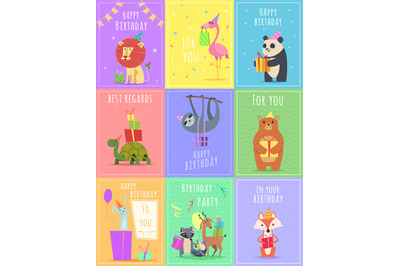 Birthday cards with animals. Wildlife zebra turtle lion and monkey cha