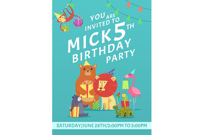 Birthday card invitation. Greeting baby invite placard with colored pi