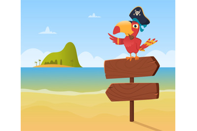 Pirate parrot. Funny colored bird arara sitting on wood sign direction