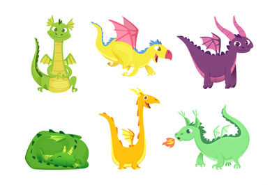 Fantasy dragons. Cute reptiles amphibians and fairytale dragons with b