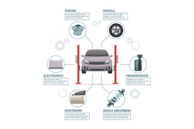 Car repair infographic. Auto industry parts automobile tuning transmis