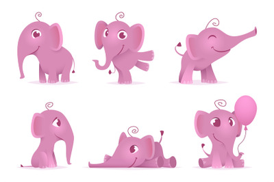 Cute baby elephants. Wild african funny adorable animals vector charac