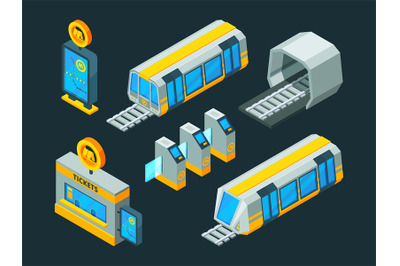 Metro elements. Train escalator and subway gate vector isometric low p