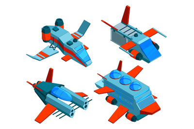 Spaceships isometric. Space technologies cargo and warships aerial bom