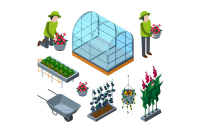 Farm greenhouse isometric. Agricultural wheelbarrow glasshouses for to