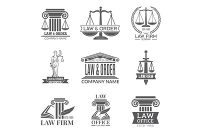 Law and legal labels. Legal code, judge hammer and other corporate sym