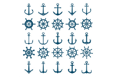 Wheels ship anchors icon. Steering wheels boat and ship anchors marine