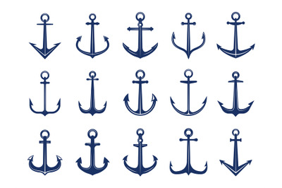 Marine anchor icons. Designs of navy symbols anchors ship or boat. Vec