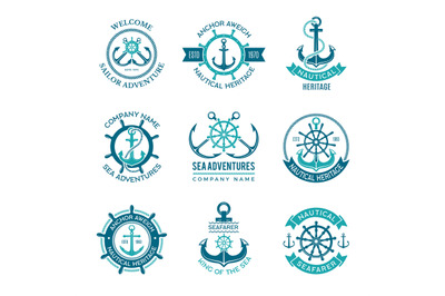 Marine logo. Nautical vector emblem with ship anchors and steering whe