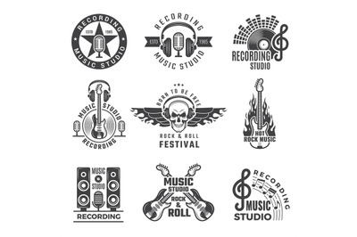 Music labels. Microphone big speaker drums and headphones vector pictu