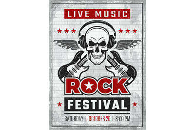 Music festival retro poster. Rock guitar musical instruments in monoch