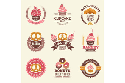 Bakery retro labels. Cupcakes donuts cookies and fresh bread vintage v