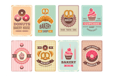 Bakery cards design. Fresh sweet foods cupcakes donuts and other bakin