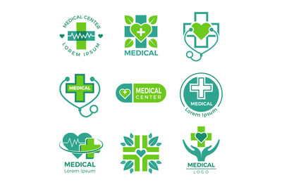 Medical logotypes. Medicine pharmacy clinic or hospital cross plus hea