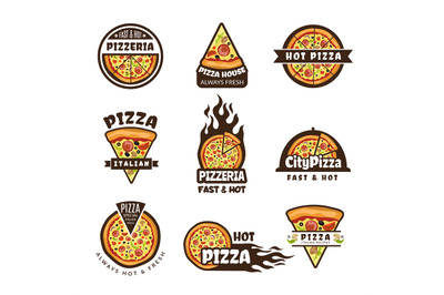 Pizza labels. Pizzeria logo design italian cuisine pie food ingredient