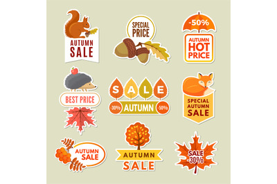 Labels and badges of autumn. Discount stickers of autumn big sales wit