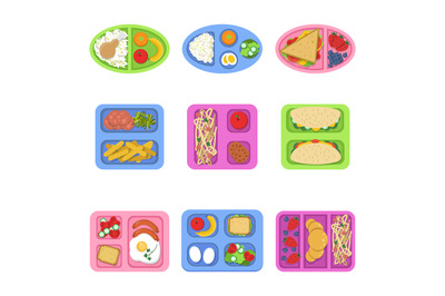 Lunch boxes. Food containers with fish, meal eggs sliced fresh fruits