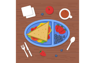 Lunch box on table. Place to eat food container sandwiches sliced fres