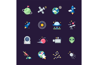 Space flat icons. Telescope satellite spaceship earth sun and planets