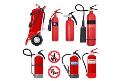 Red fire extinguishers. Firefighters tools for flame fighting attentio