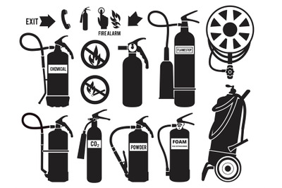 Silhouette of fire extinguisher. Flame protection symbols foam Monochr