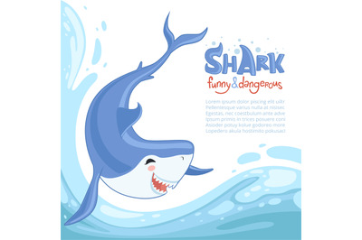 Shark attack background. Blue dangerous fish with big teeth swimming s