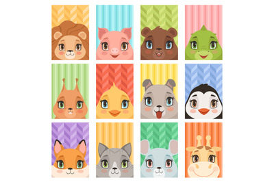 Animal kids portrait. Lion penguin giraffe crocodile fox baby animals