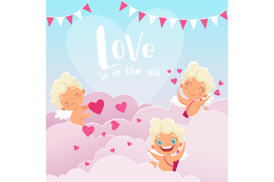 Cupid clouds background. Valentine day baby amur romantic greece god w